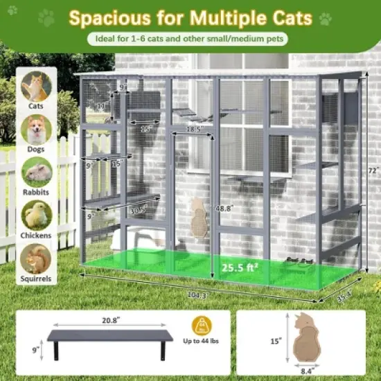 Sandinrayli Catio Outdoor Cat Enclosure Window, 104" Wooden Large Catio Outside Cattery with Sloped Waterproof Cover image {1}