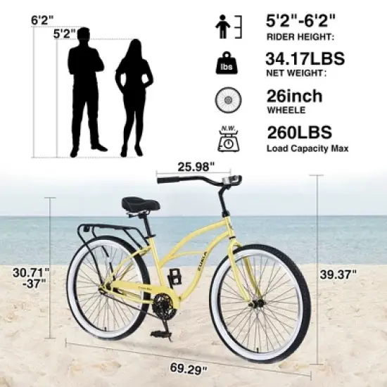 Gulches 26-Inch Single Speed Bicycles - Yellow Beach Cruiser with Wide Wheels for Stability image {4}