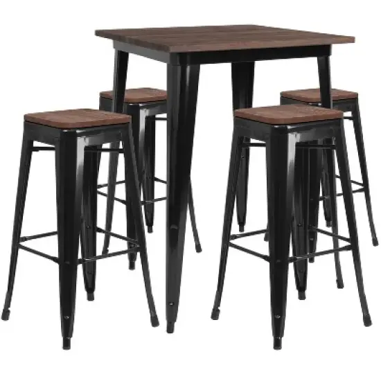 Flash Furniture 31.5" Square Metal Bar Table Set with Wood Top and 4 Backless Stools image {1}