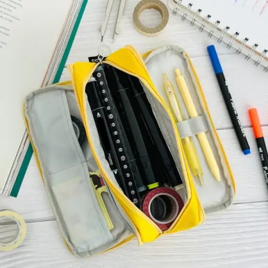 Wrapables Large Capacity Pencil Case, 3 Compartment Pencil Pouch for Stationery Pens, Yellow image {3}