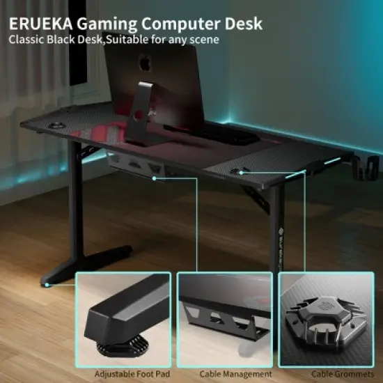 EUREKA ERGONOMIC Gaming Desk with Built-in Accessories,58.27" D x 23.62" W x 31.22" H,Black image {8}