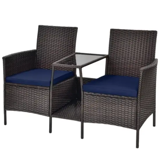 Tangkula Patio Loveseat 2 Person Cushioned Seats With Center Table Outdoor Rattan Furniture Set Turquoise/ Red image {9}