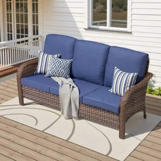 Buenhomino Outdoor Patio Couch Wicker Sofa - 3 Seater Rattan Sofa for Outside Patio Garden with Deep Seating and Olefin Cushions (Brown) image {8}