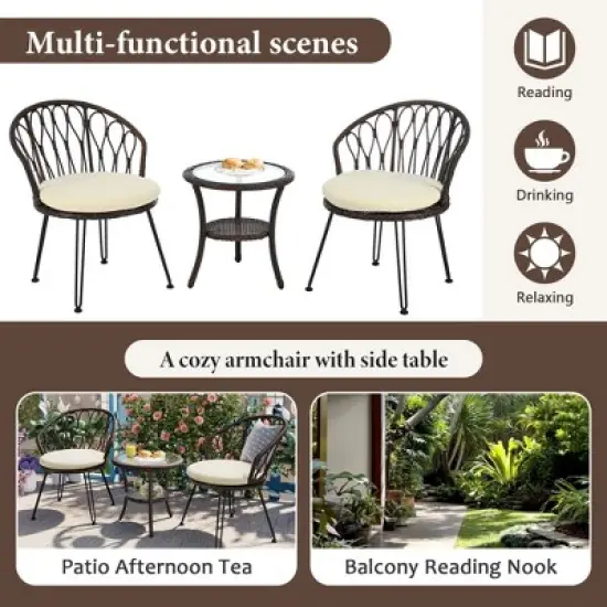3-PCS Patio Conversation Set Outdoor Leisure Set Furniture Set with 2 Rattan Chairs & Glass Round Table for Patios, Balconies, Courtyard -ModernLuxe image {5}