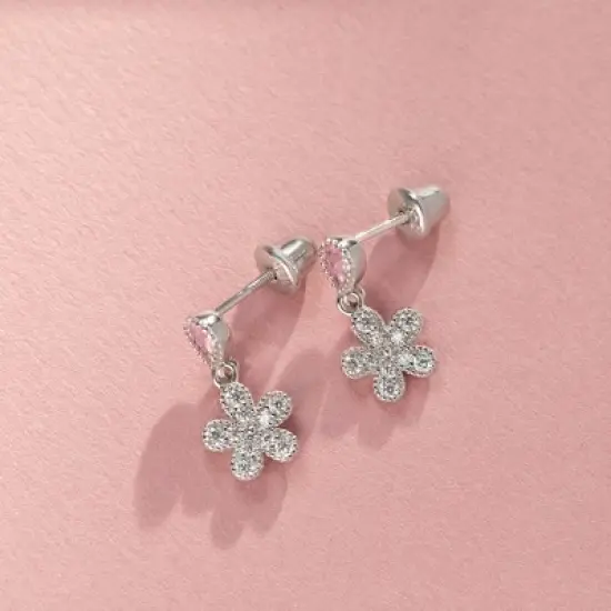 Girls' Groovy CZ Flower Dangle Screw Back Sterling Silver Earrings - In Season Jewelry image {3}