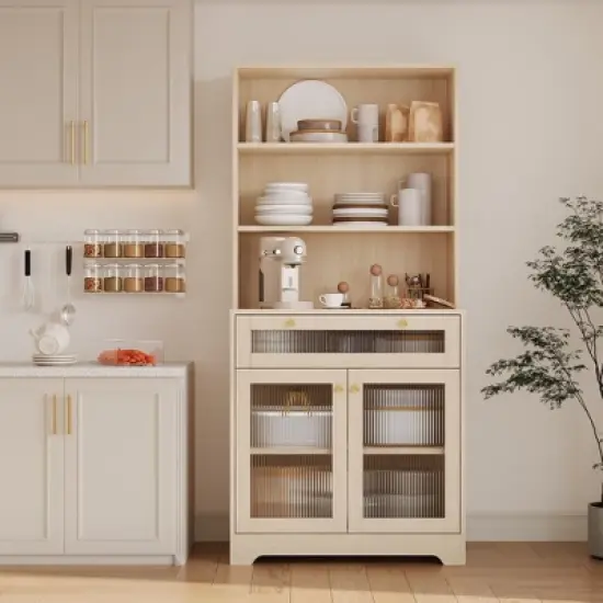 Kitchen Pantry Cabinet, 62-Inch Freestanding Storage Cupboard with 5-Tier Shelf, Drawer,2 Glass Doors & Adjustable Shelves image {9}