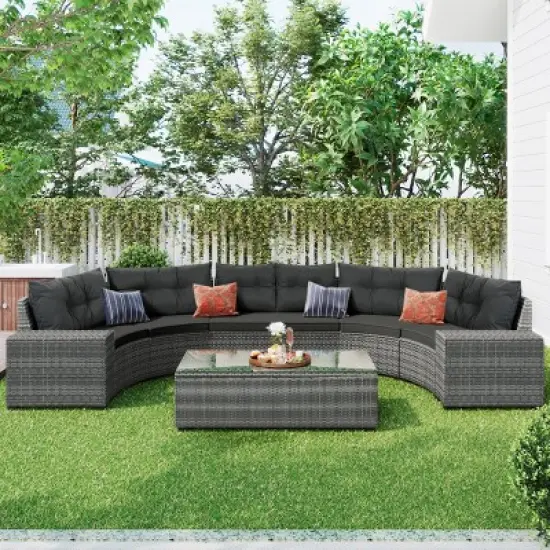 8 Piece Rattan Round Modern Garden Sofa Sets,Outdoor Patio Furniture Conversation Sets with Cushions,Half-Moon Wicker Sectional Sofas-Coolbibila image {8}