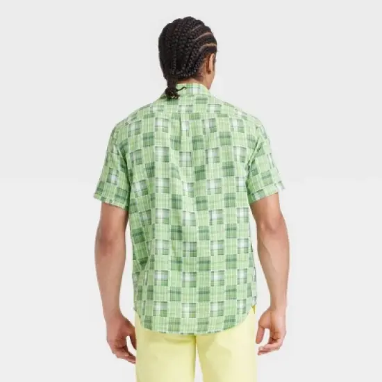 Houston White Adult Short Sleeve Madras Plaid Woven Button-Down Shirt - Green image {1}