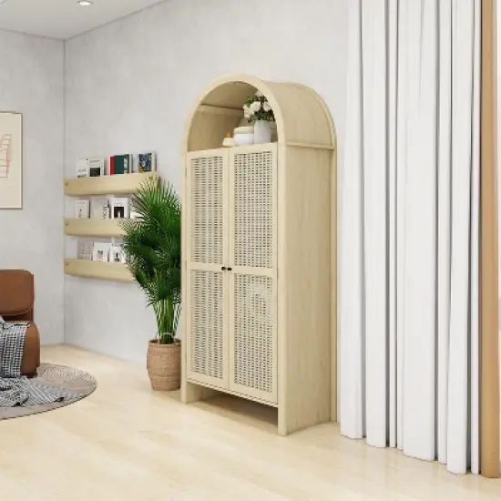 Dolonm Natural Wood 31.1 in. Tall Arched Rattan Pantry Cabinet with Adjustable Shelves, Storage for Kitchen Dining Living Room image {2}