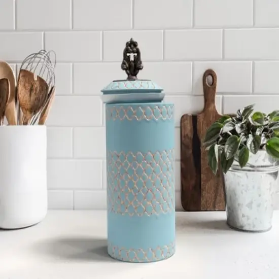 American Atelier 2-Piece Ceramic Canister Jars w/ Engraved Design & Airtight Stainless-Steel Lids For Sugar, Flour, Coffee & More, Blue image {4}
