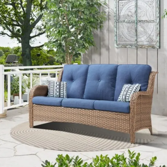 POCASSY 74" Wide Outdoor Sofa Patio Couch, All Weather Yellow Wicker 3-Seater Outdoor Furniture Sofa with Comfort Thick Cushion for Porch Deck Balcony image {10}