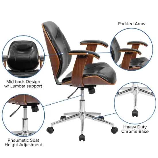 Merrick Lane Mid-Back Ergonomic Office Chair Executive Swivel Bentwood Frame Desk Chair in Black Faux Leather image {8}