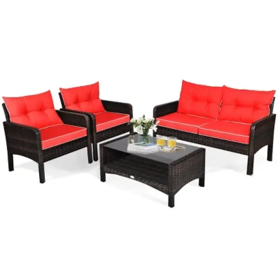 Tangkula 4 Piece Patio Conversation Set Rattan Wicker Loveseat Sofa Coffee Table & Glass Top Red/Turquoise Cushions image {7}