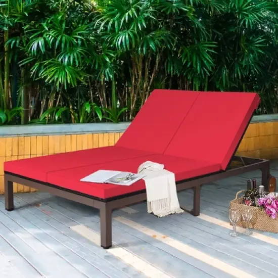 Costway 2-Person Patio Rattan Lounge chair Chaise Recliner Adjustable Cushioned Red image {10}