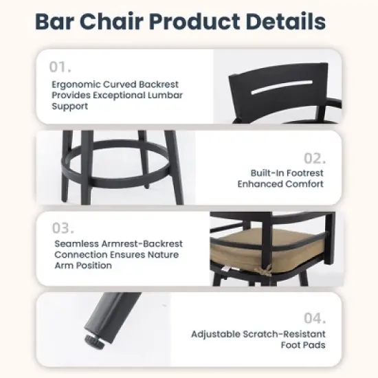 Christopher Knight Home Todd Patio 5 Piece Aluminum Swivel Bar Set with Removable Sunbrella Cushion image {7}