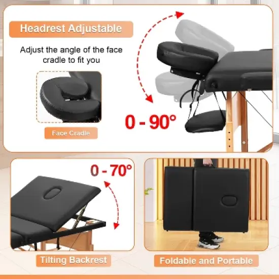 FDW Massage Table Massage Bed Heigh Adjustable 3 Fold 82" Massage Table W/Sheet Cradle Cover 2 Bolster Hanger Portable Facial Salon Tattoo Bed,Black image {5}