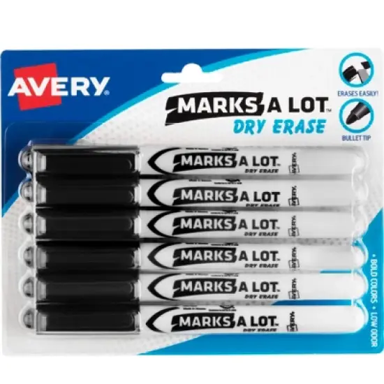 Avery Marks A Lot Pen-Style Dry Erase Markers, Bullet Tip, Nontoxic, Black, 6 Pack (24483) image {8}