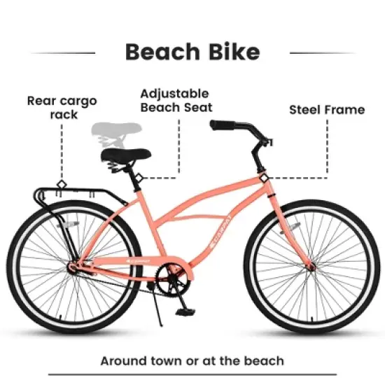 NAYSAYE 26 Inch Beach Cruiser Bike Steel Frame Single Speed Adult Bike for Relaxed Outdoor Rides, Pink, 65.00"*25.00"*36.00" image {3}