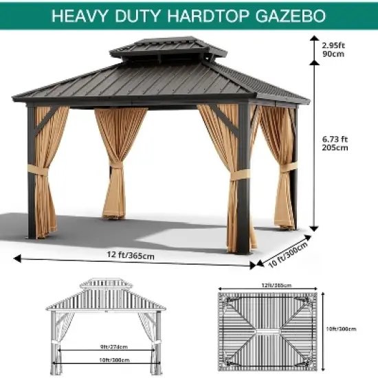Hardtop 10x12ft Gazebo, Double Roof Canopy with Netting and Curtains image {5}