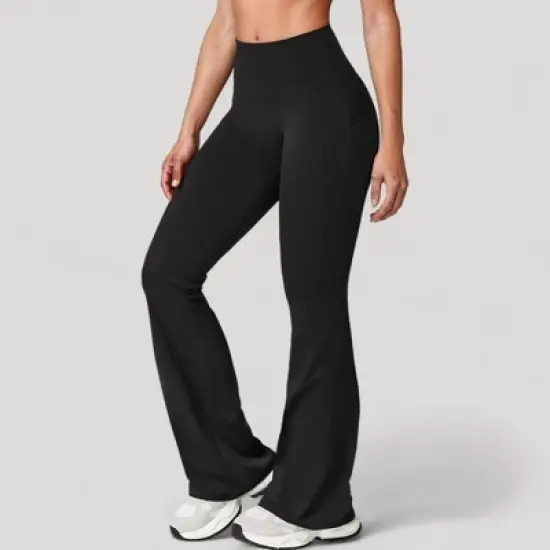 Anna-Kaci Active Women's High Waist Flared Leg Stretch Pants Smooth Fabric Seamless Waistband Active Lounge Bottoms image {2}