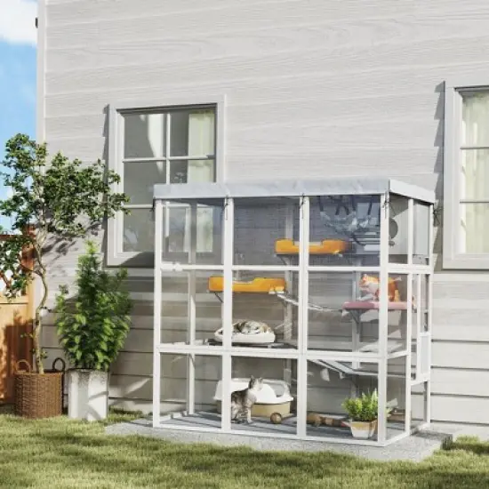 PawHut Outdoor Catio Cat Enclosure, Large Luxury Walk in Cat House with Hammock, Condo, Jump Platforms, Ladders, Ramps, Tarp, for 2-4 Cats, Gray, 71" image {2}