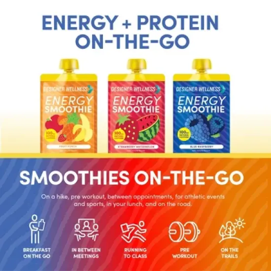 Designer Wellness Energy Smoothie, Real Fruit, 100mg Natural Caffeine, 5g Protein, Low Carb, Zero Added Sugar, Gluten-Free, Variety Pack, 12 Count image {4}