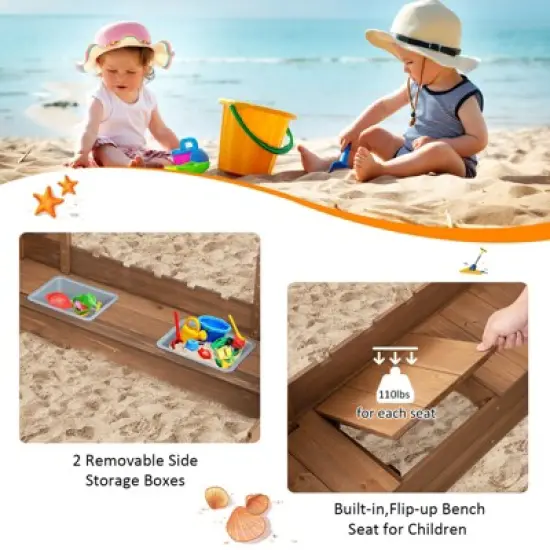 Costway Solid Wood Kids Sandbox w/ 2 Bench Seats, Outdoor Sandpit w/ Storage Box & Flags image {5}