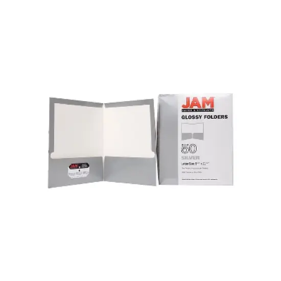 JAM Paper Laminated Two-Pocket Glossy Presentation Folders Silver Bulk 50/Box 385GSIC image {6}