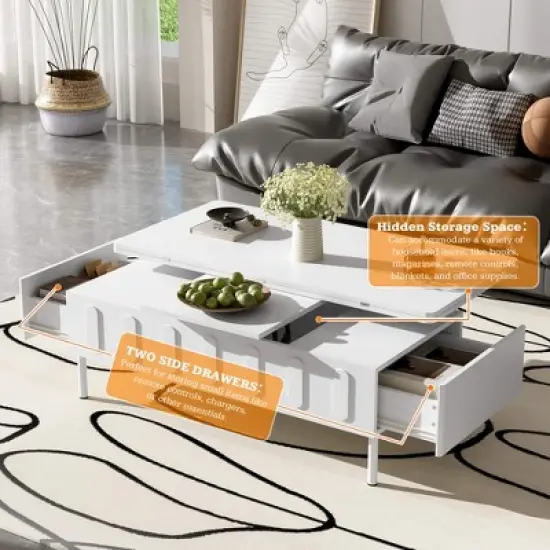 ORRD Lift-Top Coffee Table with 2 Drawers & Hidden Storage, Modern Adjustable Center Table with Folding Top for Living Room, Space-Saving Design image {3}