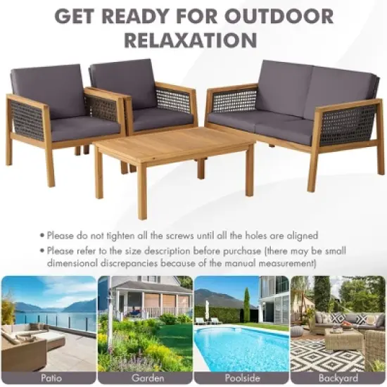 Tangkula 4PCS Patio Acacia Wood Furniture Set PE Rattan Conversation Set w/ Grey Cushions image {4}