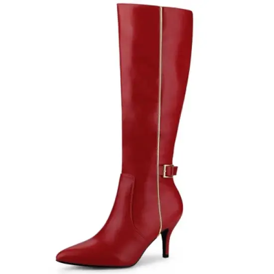 Allegra K Women's Pointy Toe Buckle Decor Side Zip Stiletto Heel Knee High Boots image {11}