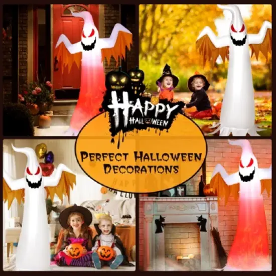 Tangkula 8 FT Halloween Inflatable White Ghost with Rotatable Flame LED Lights&Air blower Blow Up Halloween Decoration image {3}
