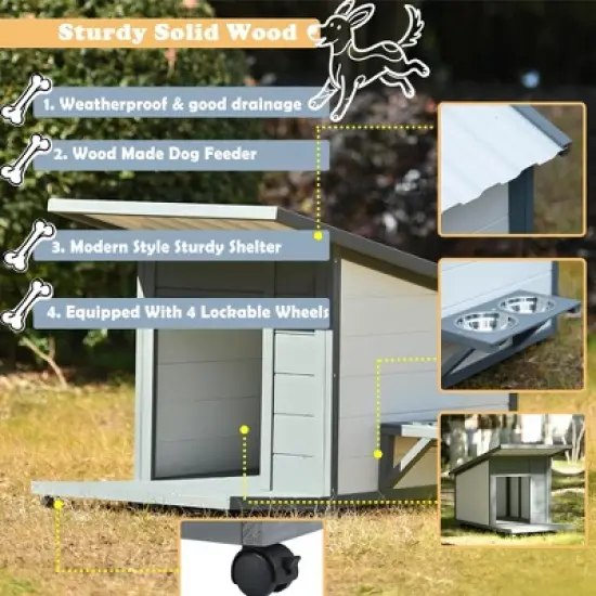 Racxily Outdoor Dog house With Food bowl, 4 swivel wheels image {3}
