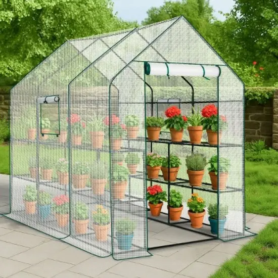 SEVOBAL Greenhouse Outdoor Durable PE Plant Green House for Frost Protection Shelf Clips Roll-up Zipper Door Walk-in for Planter, White, 99"*37"*17" image {1}