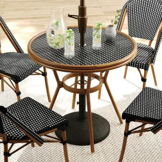 Martha Stewart Lily Pond 31" Round Indoor-Outdoor Bistro Dining Table with Woodgrain Aluminum Finish Frame and Woven Rattan Tabletop image {4}