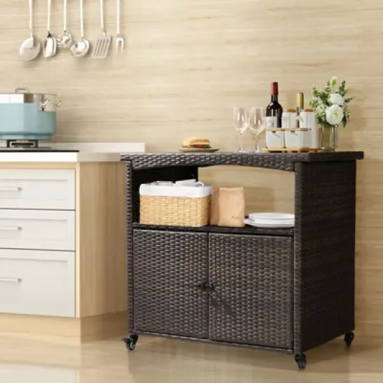 Karl Home Brown Rattan Bar Table With Wheels image {4}