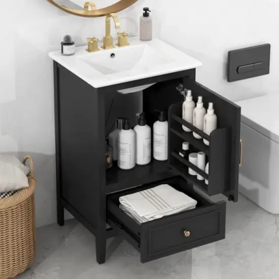 Modern Bathroom Vanity with Ceramic Sink, Bathroom Cabinet with Drawers, Solid Acacia Wood Frame and MDF Board - ModernLuxe image {1}