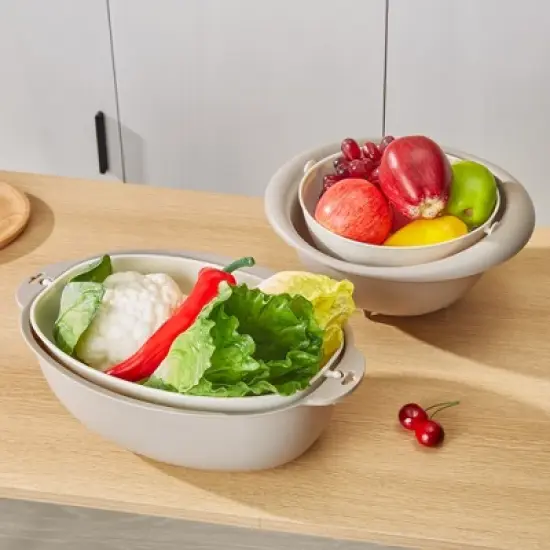 VECELO 2 In 1 Colander Strainer with Bowl Set, Fruit Vegetable Washing Colanders & Food Strainers, Double Layer Colander for Kitchen, Gray image {4}