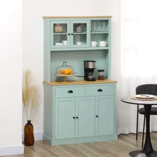 HOMCOM 71" Freestanding Pantry, Kitchen Buffet with Hutch, Modern Storage Cabinet with Drawers, Glass Doors, and Adjustable Shelves, Light Blue image {2}