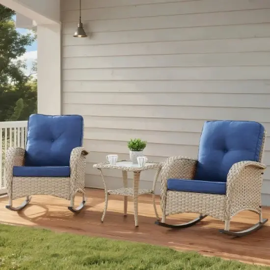 Bestier Wicker Patio Rocking Chairs Set - 3 Pieces Porch Bistro Set with High Back Outdoor Rocker Chairs with Side Table for Deck Balcony image {6}