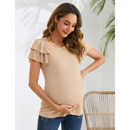 Coolmee Women's Maternity Shirts Nursing Tops Flying Short Sleeve Breastfeeding Tees Lightweight Side Ruched Pregnancy Clothes M Apricot image {2}