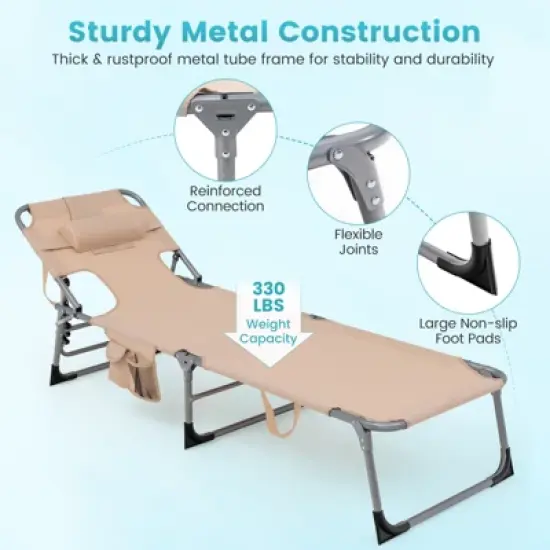 Tangkula 2PCS Beach Lounge Chair Reclining Chair with 5 Adjustable Positions Detachable Pillow &Hand Ropes Blue/Black/Gray/Turquoise/Beige/Pink image {3}