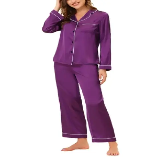cheibear Womens Pajama Lounge Sleepwear Button Down Tops and Pants Satin Pjs Set image {7}
