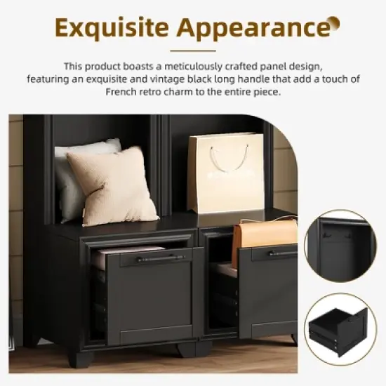 TIRAMISUBEST Hall Tree Set of 2 - 3-in-1 Entryway Organizer with Bench & Storage, Farmhouse Style, Black Retro Handles image {4}