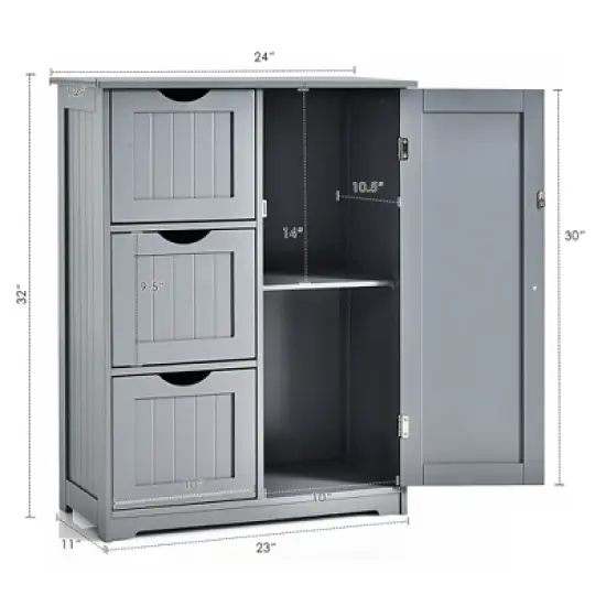 Costway Bathroom Floor Cabinet Side Storage Cabinet with 3 Drawers and 1 Cupboard Grey\ Black image {2}
