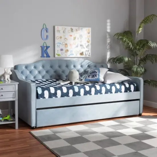 Twin Freda Velvet Tufted Daybed with Trundle Light Blue - Baxton Studio image {7}