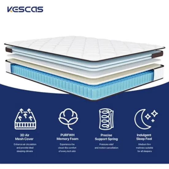 Kescas Euro Top 12" Individually Pocket Innerspring Hybrid Mattress - Compatible with Platform Bed, Box Spring, or Slat Base image {3}