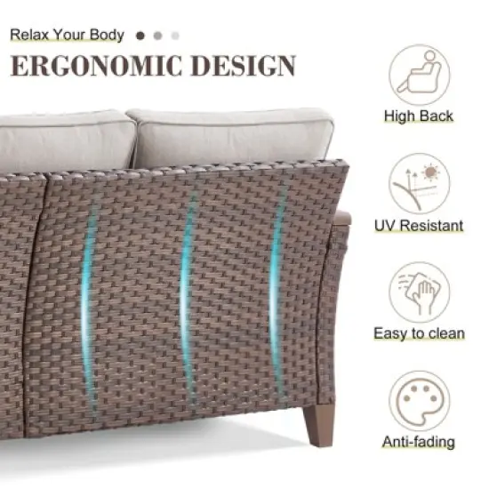 Belord Outdoor Sofa Patio Couch, All Weather Brown Wicker 3-Seater Outdoor Furniture Sofa with Dark Brown Hand-Brushed Arms & Comfort 4" Cushion image {4}