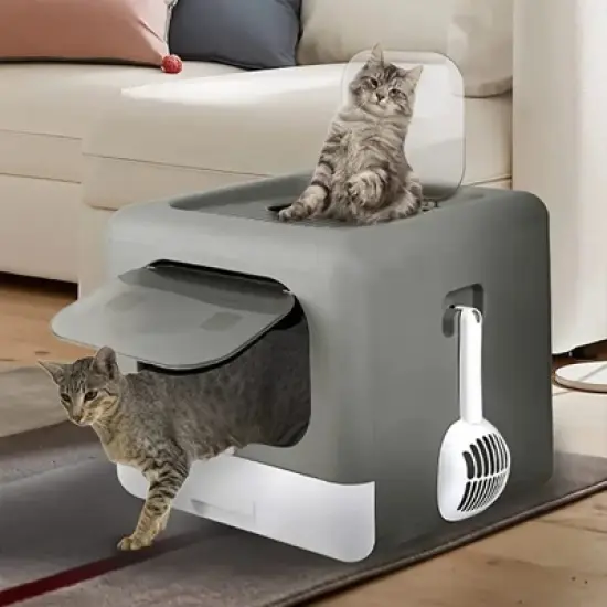 Extra Large Folding Pet Litter Box Portable Durable Cat Gray Litter Toilet Detachable Top Front Entry with Handy Scoop & Remove Tray image {1}