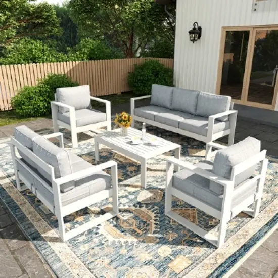 LayinSun 5 Pieces Aluminum Outdoor Patio Furniture Set, Metal Modern Conversation Sofa Set with Coffee Table and Washable Thick Cushions image {11}